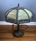 Antique Table Lamp Bronze   16 Panel Marble Slag Glass Art Nouveau Early 1920   s