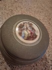 Vintage Metal Aluminum Trinket Box Powder Puff Wind Up Music Box Works 