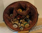 Vintage Primitive Sewing Basket Bucket Wood Full Of Wooden Thread Spools