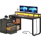 Dark Grey Computer Desk L Shaped Desk With Led Lights   File Cabinet For Home