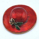 Vintage Red Enamel Sun Hat Trinket Box Black Rose Magnetic Hinged Pill Box