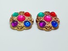 Vintage Gold Bronze Tone Floral Multi Color Simulated Stone Shoe Clips 1980s