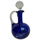 Vtg Mid Century Czech Cobalt Blue Glass Cruet Etched Crystal Stopper   Handle