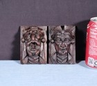 Pair Of 4  Tall French Antique Highly Carved Faces In Solid Walnut Wood Trim