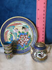 Vintage Cloisonne Miniature Tea Set Cranes Teapot 4 Cups Tray Enameled Metal