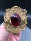 Antique Hatpin Deep Red Cut With Wide Brass Repousse Border  Art Noveau 12 Inch