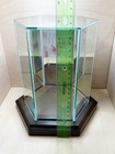 Vtg Glass Dome Cloche Display Case Hexagon 3 Sided Mirror Walnut Base 8 5    Tall