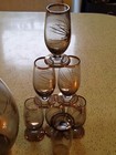 Vintage Czech Bohemian Decanter Set W  7 Smoky  Gold Gilted Shot Glasses  stoppe