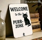 Welcome To The Purrr Zone Cute Black Cat Metal Tin Sign Retro Vintage Wall Decor