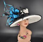 Church Kentucky Derby Hat Carriage Tea Party Wedding Wide Brim White  Black Teal