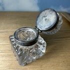 Antique Cut Crystal Inkwell With Silver Plate Hinged Lid 2  Square Base 3  Tall