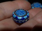 One Vintage Chinese Bead Cloisonne Canton Enamel Silver Blue Shou 16mm Coin