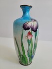 Antique Japanese Meiji Ginbari Cloisonne Vase Iris Flowers 6  Brass   Glass Blue