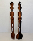Vintage Hand Carved Wooden Tribal Art Salad Fork   Spoon Serving Set 15 