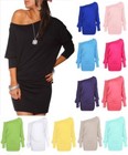 Womens Long Sleeve Off Shoulder Mini Batwing Top Ladies Tunic Dress Parties
