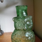 Green Hand Blown In Mold Glass Owl Figural Bottle With Ground Mouth