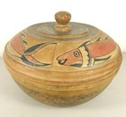 V Rare Fine Old Northwest Coast Indigenous Wood Lidded Bowl Salmon Hand Painted