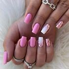 Press On Nails Short Medium Coffin  Fake Nails For Women With Pink White Gold 