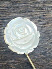 Vintage Mother Of Pearl Hand Carved Rose Hat Lapel Stick Pin Gold Tone
