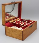Antique Victorian Sewing Box Velvet Lined Box Tufted   Original Bone Tools F30