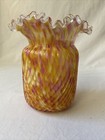 Antique Victorian Spatter Glass Vase  Swirl Ribbed W ruffled Rim   Yellow   Pink