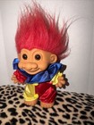 Vintage Russ Troll 8  Doll Clown Red Yellow Outfit With Blue Ruffle Red Hair