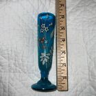 Antique Turquoise Glass Bud Vase Victorian Vintage 1900  Hand Blown 6 In Painted