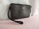 Coach Double Corner Zip Around Wristlet Brown And Black Signature Coated Wallet 