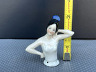 Antique German 3  Porcelain Half Doll Pin Cushion -  Skin Tone -blue Fan In Hair