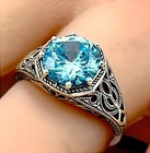 925 Sterling Silver Vintage Style Aquamarine Cz Filigree Solitaire Ring     1178