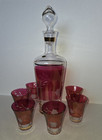 Vintage Italy Cranberry Flash Glass Cordial Decanter Set - Gold Trim - Stopper