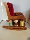 Vtg Wooden Pin Cushion Rocking Chair Sewing Kit Thread Spool Holder red-8 