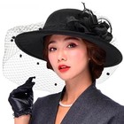 Women Flower Decor Bowler Fedora Hat With Veil Floppy Brim Felt Small Black