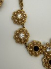 Gold Tone Floral Necklace Clip Earrings Set Black Rhinestone Faux Pearl
