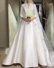 Simple Satin Wedding Dresses V Neck Long Sleeves A Line White ivory Bridal Gown