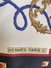 As7  Vintage Hermes Paris Scarf Square Keys Tassels Navy Blue Gold Cream Flawed