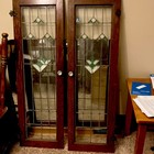 Antique Leaded Stained Glass Window Pair With Wood Frame Green Geometric Design