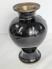 Vintage Asian Black Laquerware Brass 7  Vase W  Inlayed Mother Of Pearl Flowers