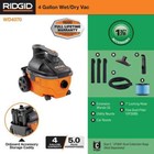 Ridgid 4 Gallon 5 0 Peak Hp Portable Wet Dry Vac W  Fine Dust Filter   Hose