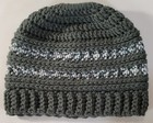 Messy Bun Ponytail Beanie Women s Medium Crocheted Gray W  Variegate Stripes