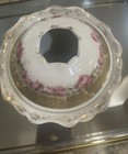 Beautiful Hair Receiver Pink Floral Dresser Gold Trim Round 2pc Antique