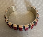 Vintage Mosaic Red Coral Sterling Silver Southwest Cuff Bracelet Thick Heavy 72g