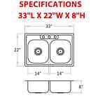 33   X 22   Drop In Stainless Steel Kitchen Sink  Top Mounted Deep Sink Double
