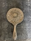 Antique Round Hand Held Vanity Silver Plate Mirror Heavy Ornate Floral Vintage