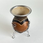 Vtg Yerba Mate Gourd Cup Vase With Carved Heart And Metal Stand 6 Inches Tall
