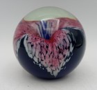 Glass Eye Studio Paperweight Art Glass Pink White Flower Cobalt 1992 Signed Vtg