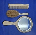 Art Deco Celluloid 3-pc Vanity Set Ivory Black Trim Brush Comb Mirror Tusculor