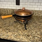 Vintage Copper Chafing Dish With Wood Handle And Enamel Inside