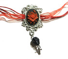 Red Rose Cameo Choker Goth Necklace Ribbon Black Skull Cross Day Of The Dead B4