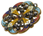 Antique Champleve Enamel Button   Pierced Brass W Cut Steels  Nice 1 1 16